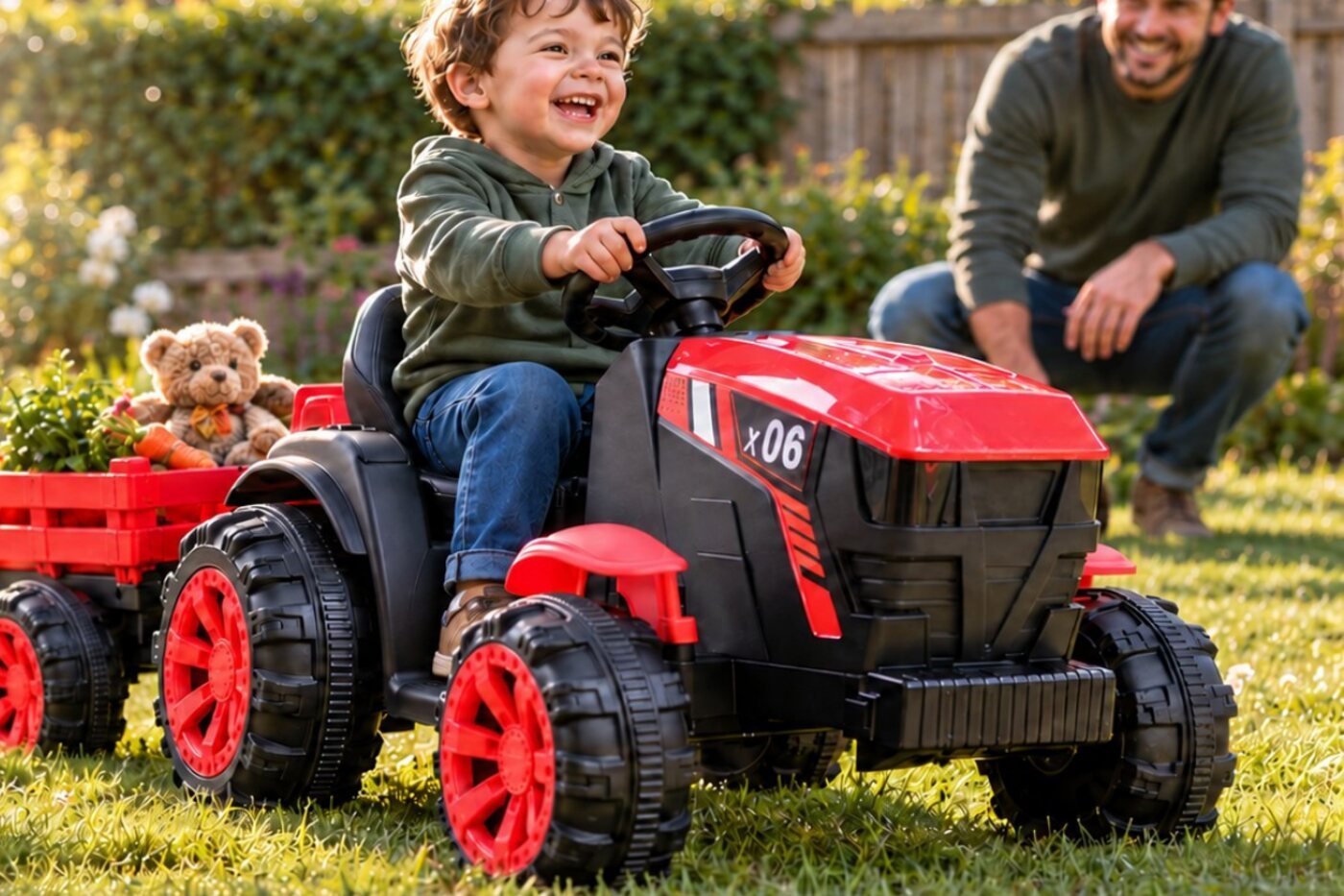 Child driving a red Kiddo ride-on tractor in the garden
